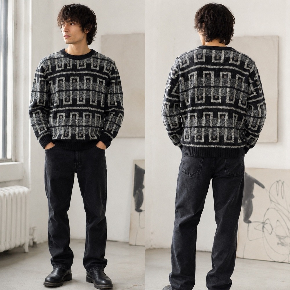 Vintage 90s Black Gray Geometric Knit Crewneck Sweater Large Unisex Eclectic